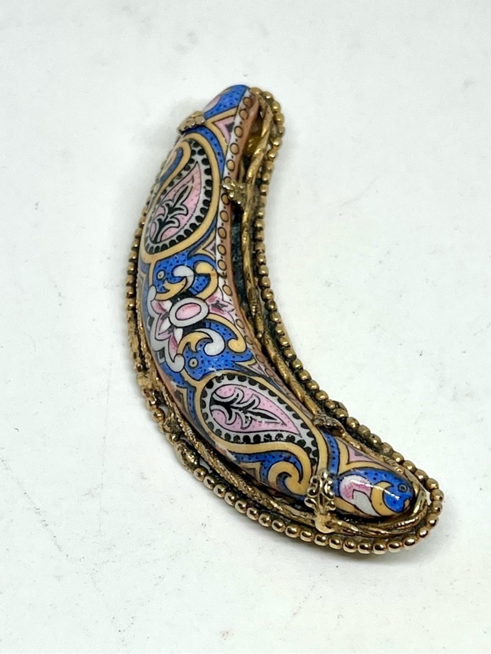 Ornate Blue and Pink Enamel Crescent Brooch